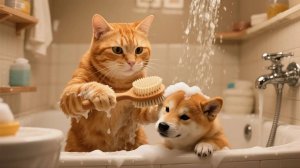 🐱❤️🐶 Котенок и его мама-кошка приютили собаку и вместе готовят восхитительные суши из лосося! 🍣✨