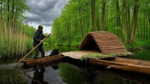 Lonely camping on an island, fishing, hut for spending the night among wildlife