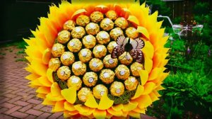 ОГРОМНЫЙ ПОДСОЛНУХ или пион с конфетами. СЛАДКИЙ БУКЕТ учителю на 1 сентября