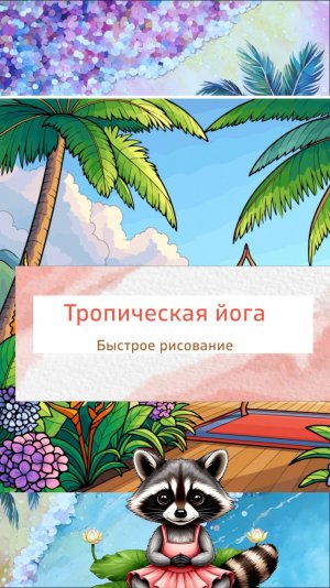 Тропическая йога, пальмы море и мостик. Бустрое рисование