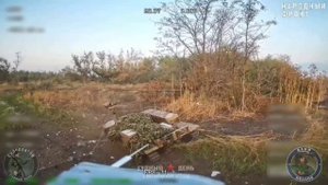 Удар оптоволоконного FPV-дрона КВН по наземному робототехническому комплексу ВСУ в районе н.п....