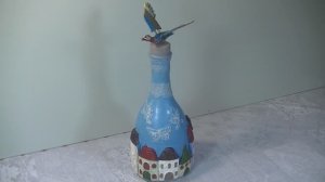 Бутылка с домиками и гусём . Декор для дома .