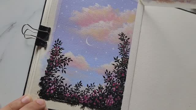 Вечерний пейзаж гуашью / Живопись для начинающих смотреть онлайн