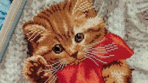 Алмазная мозаика. Рыжия кошка. Готовая работа.