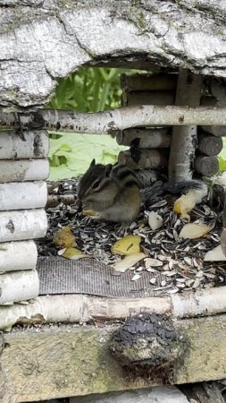 Красноярск. Бурундучок ест в кормушке