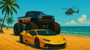 Мультики про машинки. Суперкар и Монстр-трак проходят полосу препятствий.