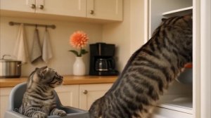 Кошка мама путешествует с котятами и занимается хозяйством.
