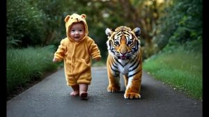ребенок гуляет с тигром