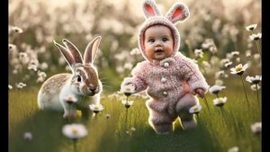 веселая прогулка малыша с трехухим кроликом