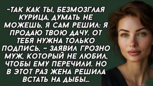 Так как ты, безмозглая курица, думать не можешь, я сам решил я продаю твою дачу. Слушать рассказы.