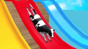 Длинная горка с коровой, слоном, гориллой, бегемотом, тигром - 3D-игра с животными