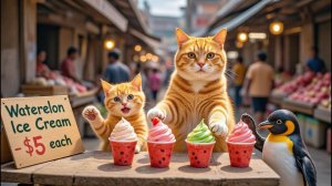 🐱🍉 Мама-кошка и сладкий бизнес как арбузное мороженое сделало двух малышей счастливыми!