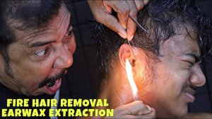 Unwanted Hair Removal by Fire | Earwax Extraction & Ear Fingering by Asim Barber | Head Massage ASMR