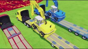 Разноцветные грузовички грузят экскаваторы и перевозят их в гараж. Яркий мультик для малышей.