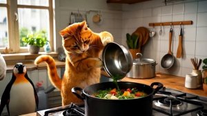 Котенок спас пингвина и забрал его домой