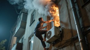 Во время Пожара Мужчина экстремально спасался на крепеже от кондиционера