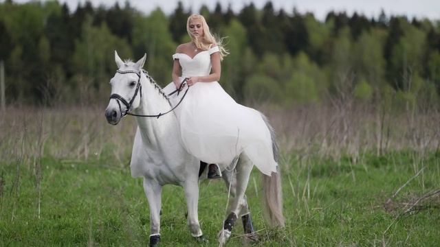Девушка в белом платье верхом на белом коне