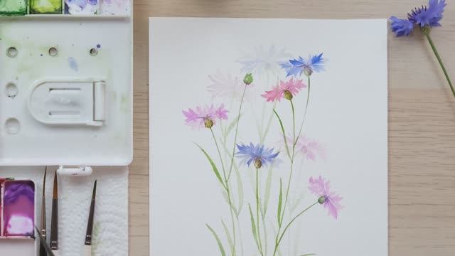 Как нарисовать васильки акварелью? / Акварельная иллюстрация смотреть онлайн