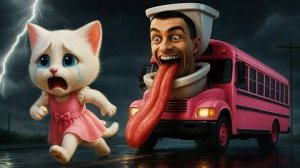 😱👁️ Маленький котёнок внезапно столкнулся с мутировавшим скиби-туалетом — школьным автобусом! 🐱💥