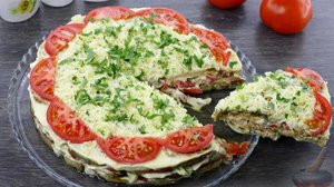 Украшение стола. ЗАКУСОЧНЫЙ ТОРТ ИЗ БАКЛАЖАНОВ, ПОМИДОРОВ И СЫРА