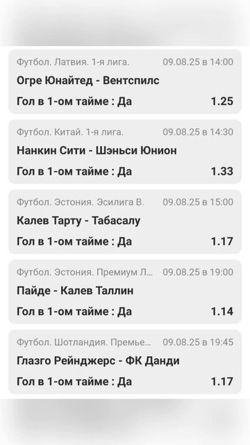 Топ матчи для гола в 1 тайме  09.08.25