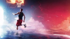 Баскетболист забрасывает баскетбольный мяч в огненное кольцо.