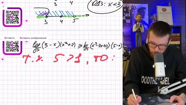 Решите неравенство log_5((3-x)(x^2+2))≥log_5(x^2-7x+12)+log_5(5-x) - № смотреть онлайн