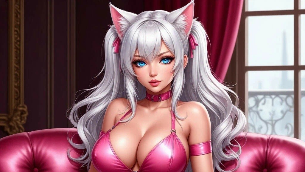 Юлиана русская пошлая пышногрудая девушка с кошачьими ушками с белыми волосами и голубыми глазами.