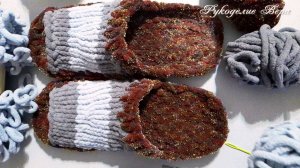 Мужские шлёпки спицами. Стелька. Обвязка мягкой плюшевой пряжей. Размер 28-29. Видео 2