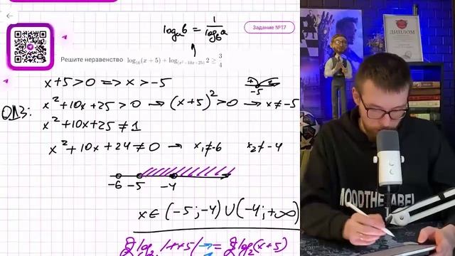 Решите неравенство log_16(x+5)+log_(x^2+10x+25)2 ≥ 3/4 - № смотреть онлайн