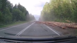В Свердловской области лесовоз решил обогнать легковушку,но что-то пошло не так.