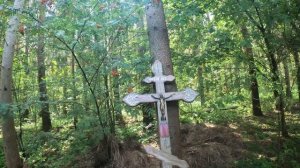 Деревянный крест в лесу у кладбища