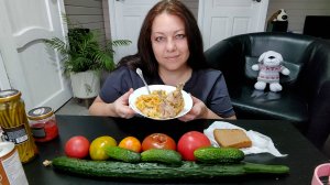 Мукбанг Плов с курицей, Черемша, Овощи и Холодный кофе