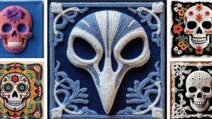 Вязаные квадратные мотивы с мексиканскими черепами (КАЛАВЕРА) от AI. Подборка №2.