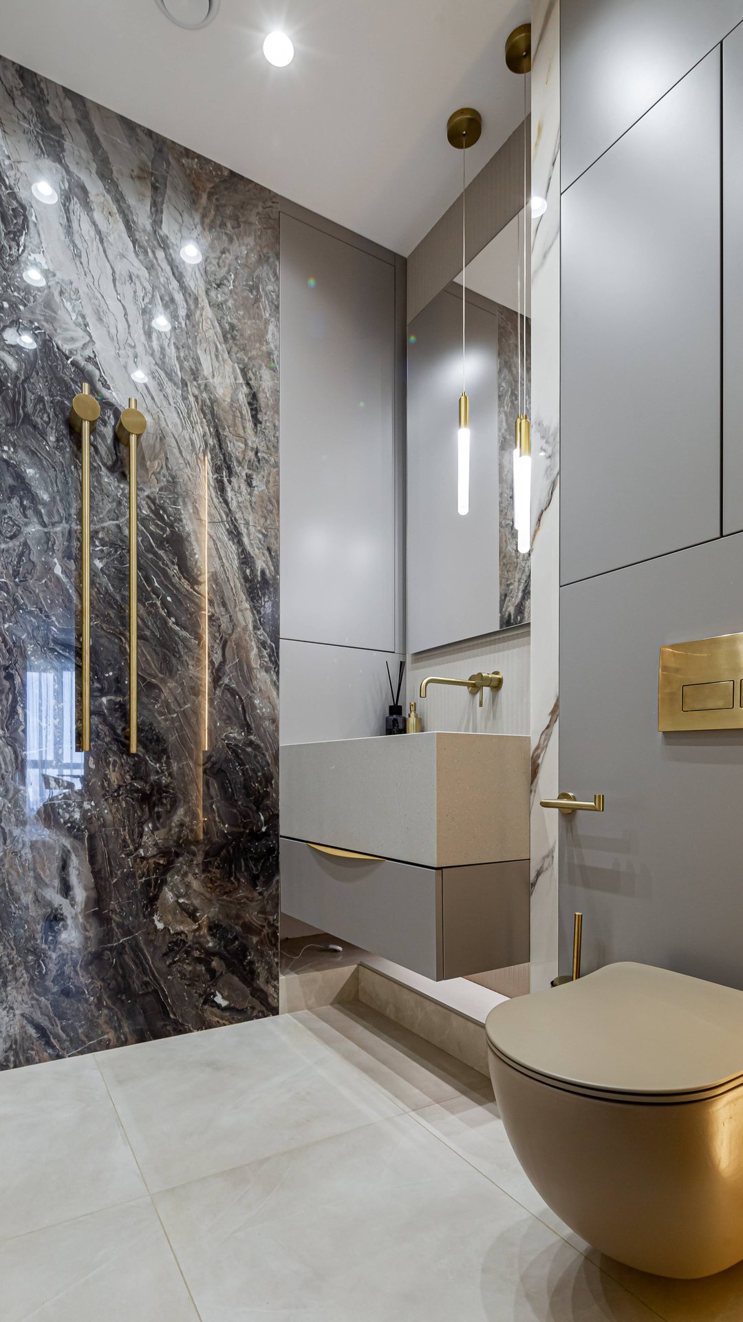 Реализованный дизайн интерьера ванной. Современный стиль жк Wellton Towers 112 м2.