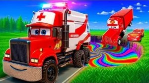🌈 Трансформация радужной ямы: Большая и маленькая Молния Маккуин и Мама против машин