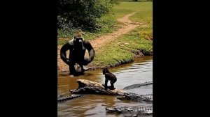 Храбрый горилла папа спасает своего малыша от крокодилов.  Видео про животных смотреть