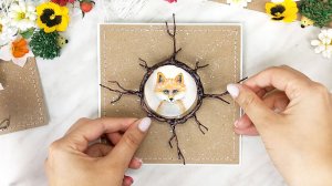 Красивая открытка с лисенком, цветами и грибочками. Своими руками. Мастер-класс. Скрапбукинг