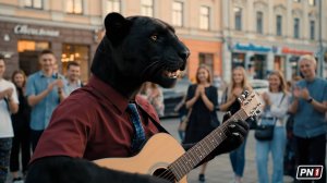 Единственный в мире поющий пантера Хантер с гитарой выступает на улицах с самыми популярными хитами