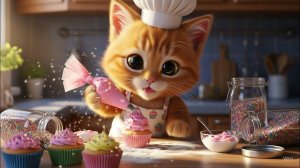 Котенок шеф-повар украшает кексы с большим количеством привлекательности! 😻🧁✨