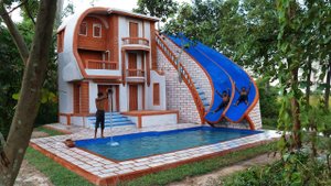 Build Creative Mud Water Slide Park To Swimming Pool With Relax Mud House In Jungle