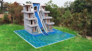 Build Creative The Relax Water Slide Park To Swimming Pool With 4-Story Villa House