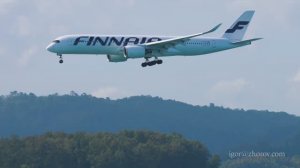Эйрбас А350 авиакомпании Finnair заходит на посадку над пляжем Май Као, Пхукет.