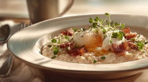 Овсянка с яйцом пашот, беконом и пармезаном!