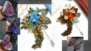 Украшения из натуральных камней и стекла от Татьяны Петровой. Брошь из натуральных камней. Кольца.