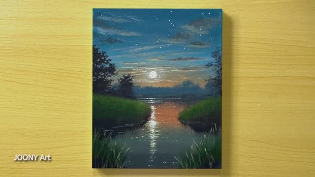 Лунная ночь на берегу озера / Акриловая живопись смотреть онлайн