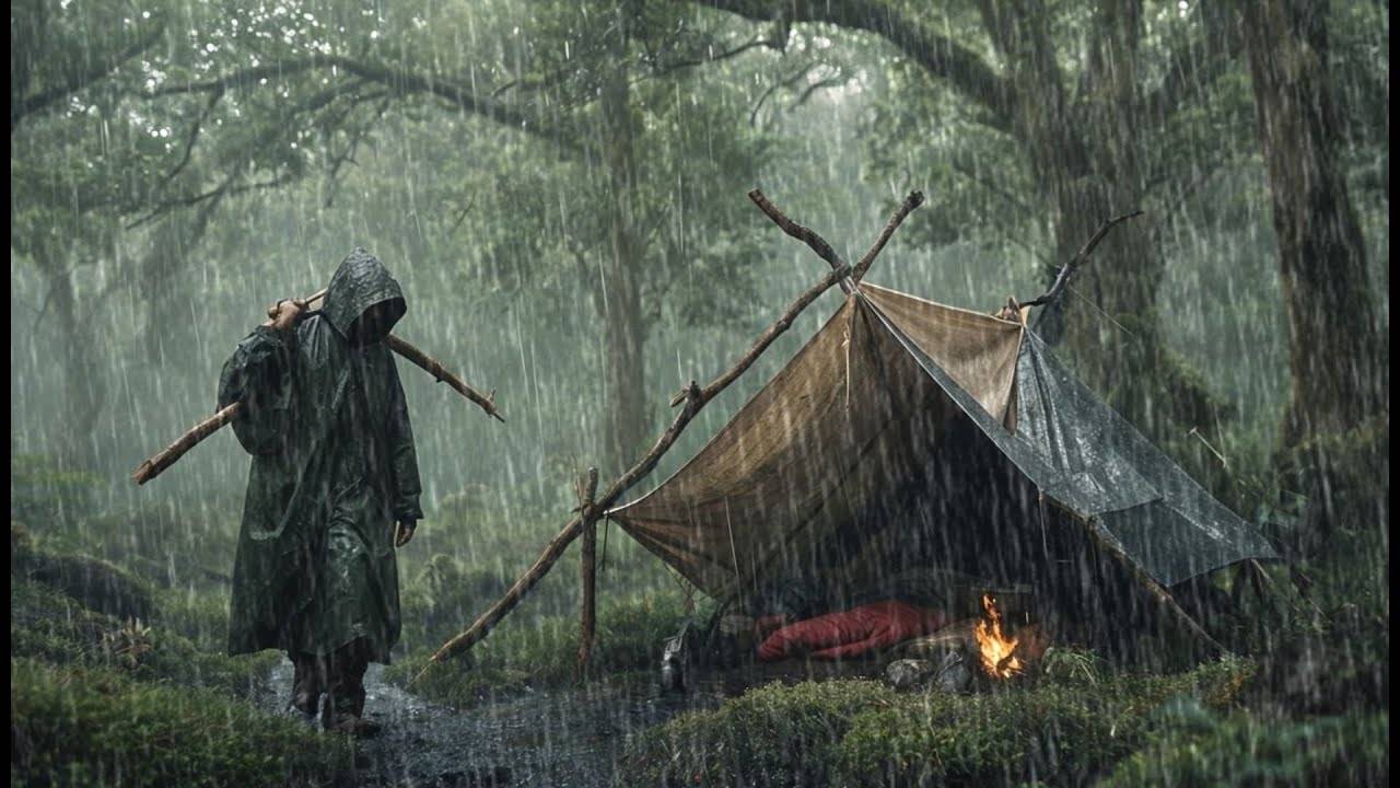 кемпинг в сильный дождь гроза строительство теплого убежища // готовка под дождем BUHCRAFT смотреть онлайн