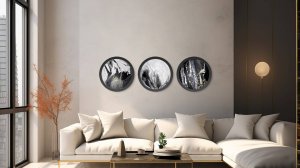 Три чёрно-белые круглые модульные картины-абстракции, триптих в рамах с золотой поталью в интерьер