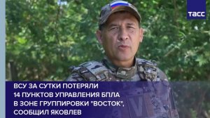 ВСУ за сутки потеряли 14 пунктов управления БПЛА в зоне группировки "Восток", сообщил Яковлев