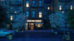 Дождливая ночь в городе в кофейне, атмосфера с расслабляющей мягкой джазовой музыкой и дождем